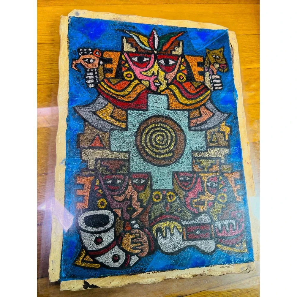 Peruvian Leather Folk Art Framed‎ Paracas Nazca Style Cusco Painting 21x17